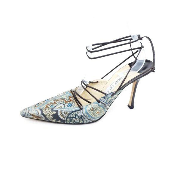 Jimmy Choo Jade Paisley Lace-Up Heels Brown Blue Leather Sole EUR 40 US 10 - Picture 1 of 9